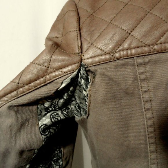 AMERICAN RAG Pleather Denim Jacket S Brown Side Zippered Coat Motorcycle Biker - Picture 6 of 9